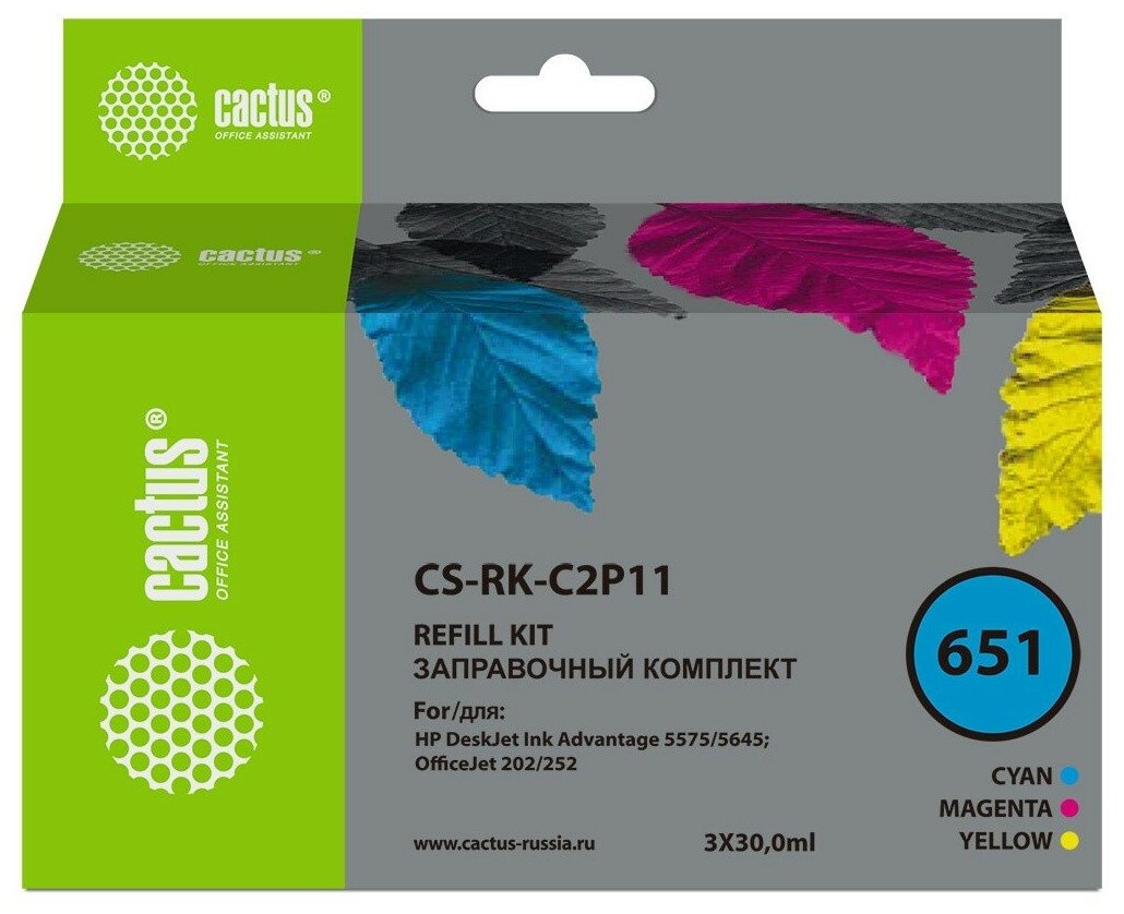 Cactus CS-RK-C2P11 чернила (заправочный набор) (HP 651 - C2P11AE) цветной 3 x 30 мл (совместимый)