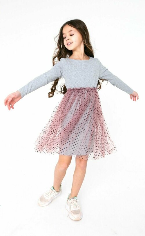 Платье-лапша matematika, вискоза, трикотаж, в горошек, размер 158, серый, розовый