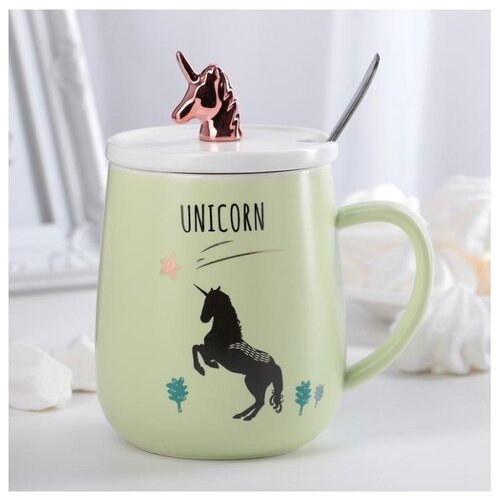 фото Кружка золотой рог, 450 мл, с керамической крышкой и ложкой, цвет микс 3929458 .