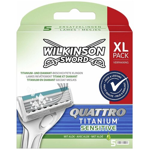 сменные кассеты wilkinson sword schick quattro titanium sensitive 4 сменные кассеты 4 лезв лезвие триммер увл полоска Сменные кассеты Wilkinson Sword Quattro Titanium Sensitive, 5 шт.