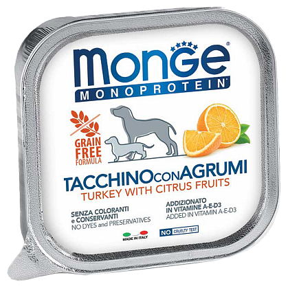 Влажный корм для собак Monge Monoprotein Fruit TACCHINO con AGRUMI, беззерновой, индейка, с цитрусовыми, 2 шт. х 150 г