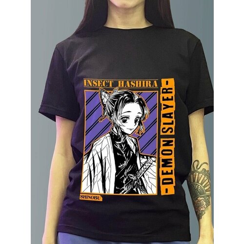 фото Футболка женская черная из хлопка с dtf принтом аниме demon slayer клинок рассекающий демонов демон слеер шинобу кочо - 40156 будь на стиле