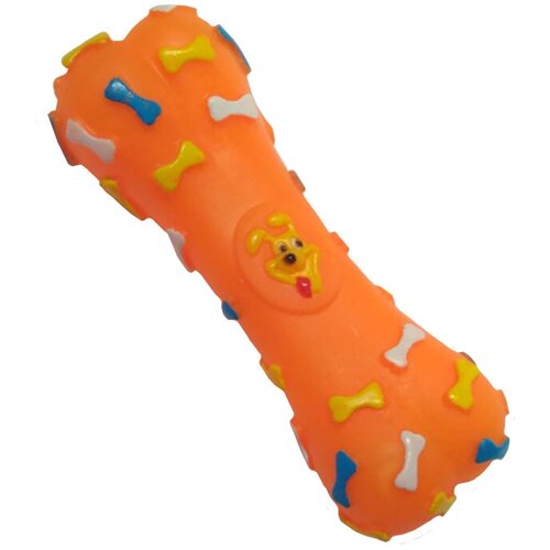 Кусалка для собак FISSA Резиновая кость с пищиком, оранжевая, 14 см, игрушка для собак, винил