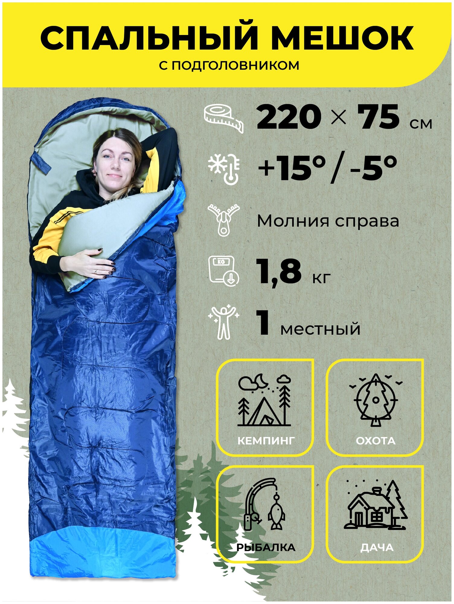 Водонепроницаемый спальный мешок демисезонный AT6101 (правый) 1,8 кг 190х75 см с подголовником 30 см синий / Одинарный спальник туристический