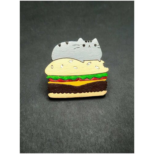 фото Кот пушин, кот на бургере, котик, значок деревянный, брошь на одежду, значок на рюкзак нет бренда