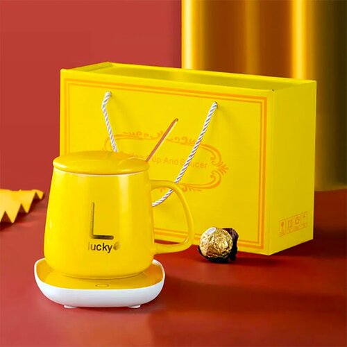 Термостатическая керамическая кружка с крышкой и ложкой, контроль температуры 55 градусов, желтый цвет