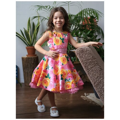 Платье Бушон, размер 134-140, розовый, желтый платье андерсен нарядное флористический принт размер 140 розовый