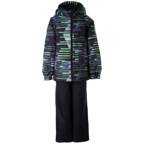 Комплект с брюками Huppa демисезонный, карманы, несъемный капюшон, светоотражающие элементы, утепленный, размер 134, черный, зеленый