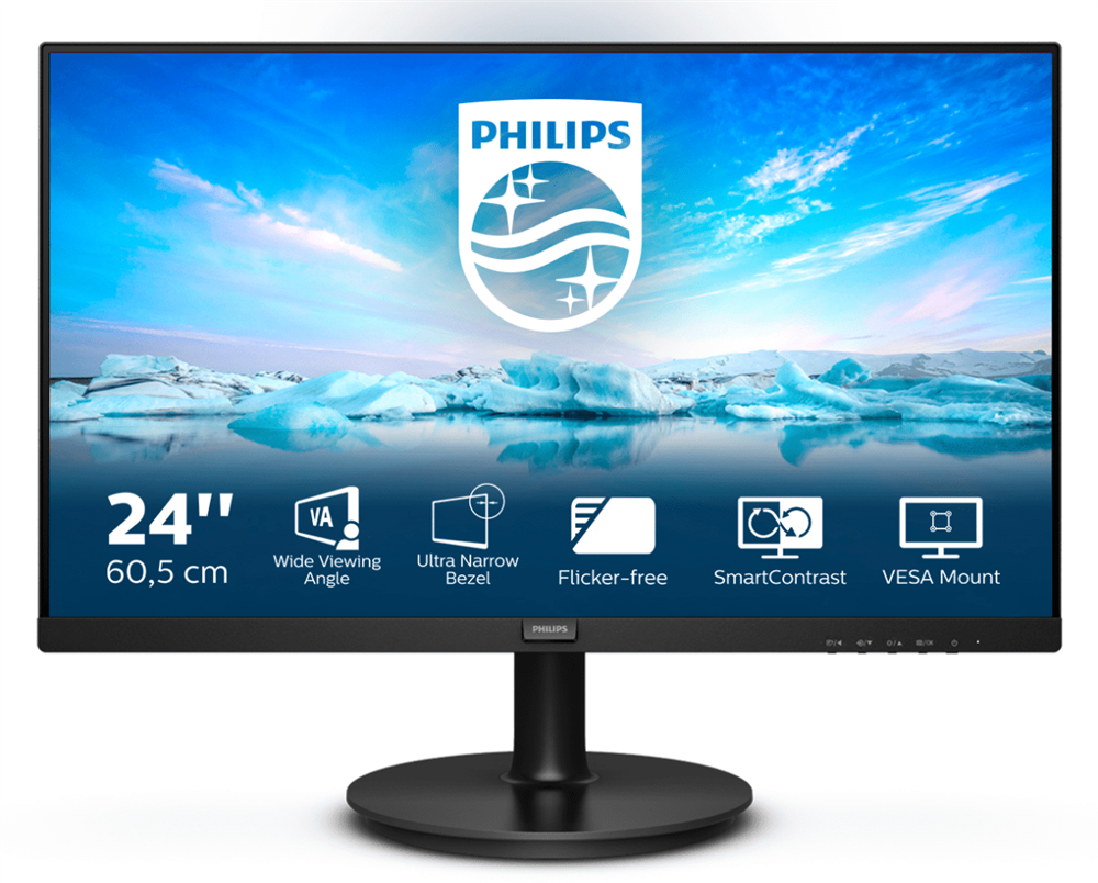 PHILIPS Монитор LCD 23.8' [16:9] 1920х1080(FHD) VA, nonGLARE, 75 Hz, 250 cd/m2, H178°/V178°, 3000:1, 16.7M, 4ms, VGA, HDMI, Tilt, 3Y, Black