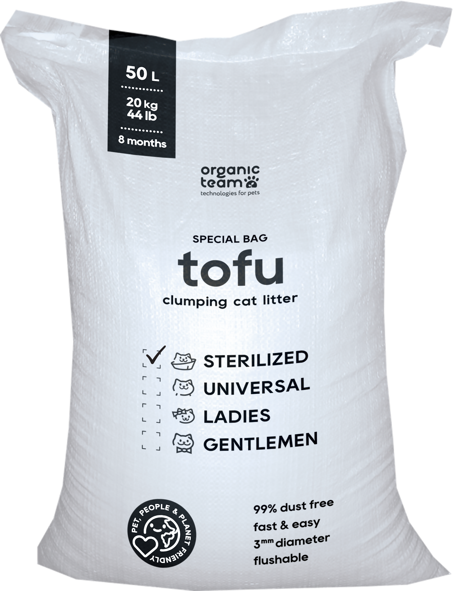 Комкующийся наполнитель тофу для кошачьего туалета Organic Team Sterilized, с пробиотиками для смягчения контакта с наполнителем, смываемый, 50 л - фотография № 1