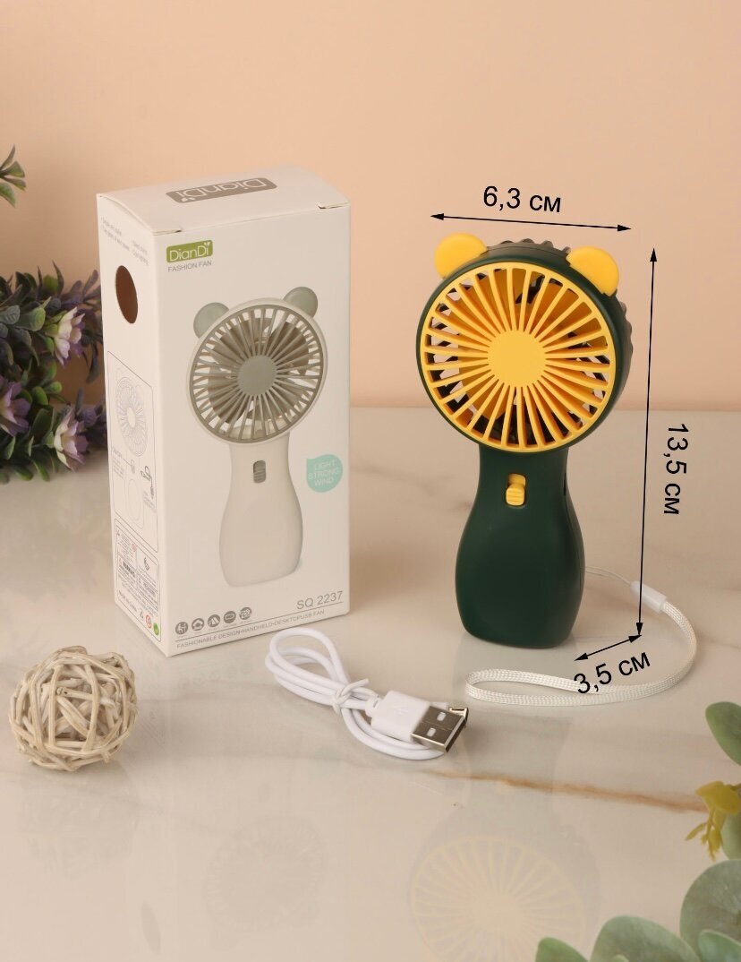вентилятор ручной мини маленький портативный юсб usb, на аккумуляторе с фонариком,мощный с ушками, зеленый - фотография № 11