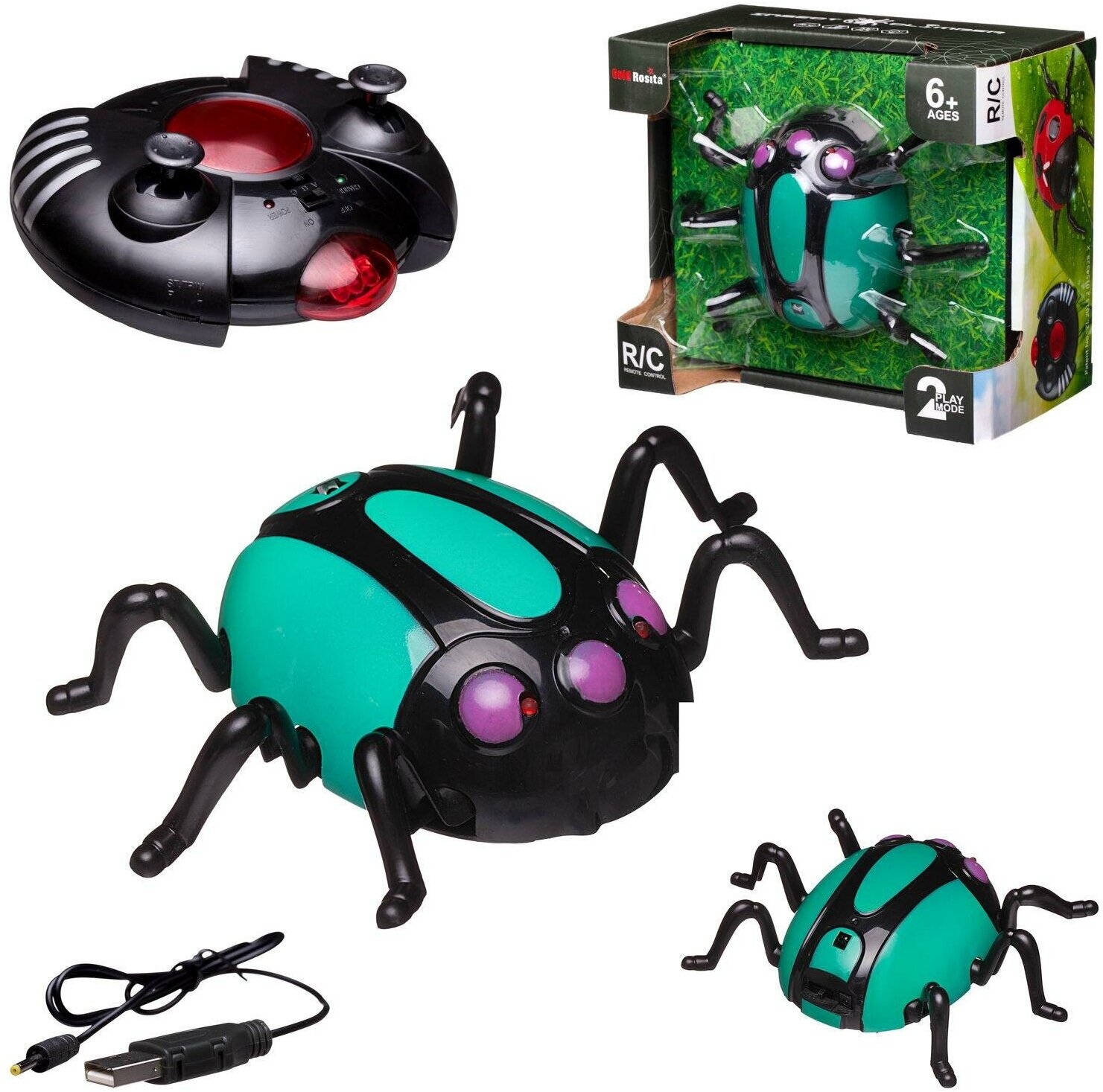Интерактивная игрушка JUNFA Жук зеленый р у, ползает по стенам, с зарядным устройством свет WD-11129/зеленый