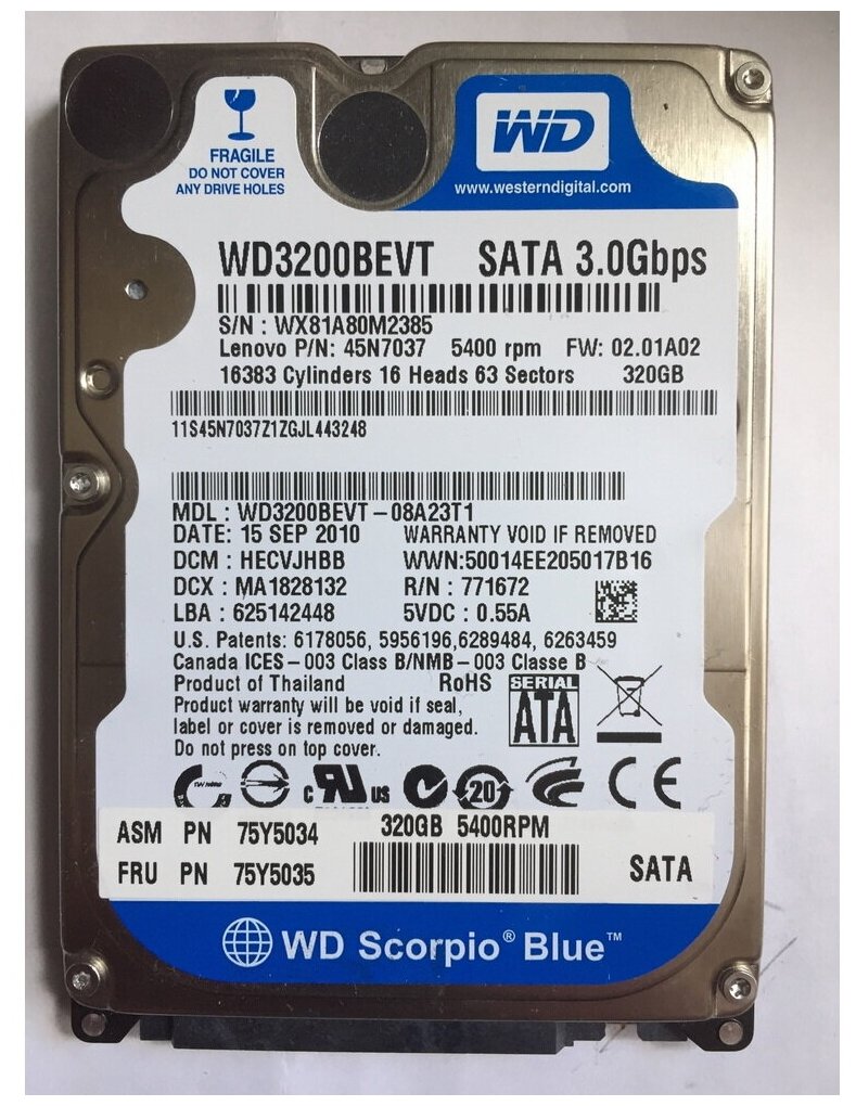 Жесткий диск Western Digital, WD3200BEVT-08A23T1, 75Y5035, 320 GB, SATA