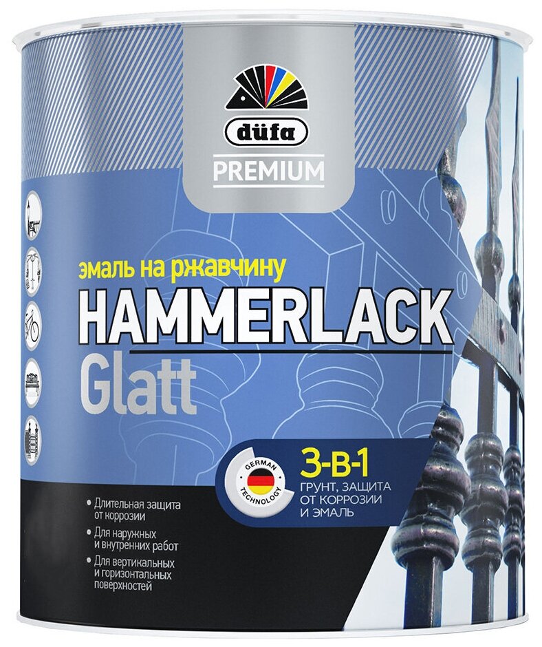 Эмаль на ржавчину Dufa Premium Hammerlack 3-в-1 гладкая RAL 9005 черная 0,75 л. - фотография № 1