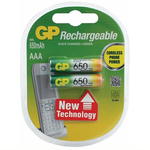 Аккумулятор GP Rechargeable 65AAAHC-2DECRC2, Ni-MH, типоразмер ААА, 650 мАч, 1,2 В, 2 шт элемент питания gp 65aaahc 2decrc2 емкость 650 блистер 2 шт ааа аккумулятор