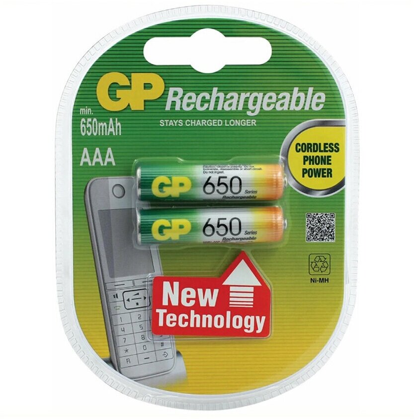 Аккумулятор GP Rechargeable 65AAAHC-2DECRC2, Ni-MH, типоразмер ААА, 650 мАч, 1,2 В, 2 шт