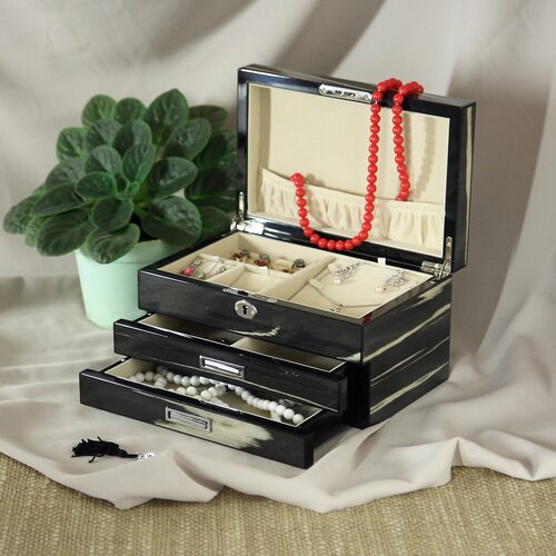 Ларец для хранения ювелирных изделий, 3 яруса, с замком, размер 25*16*14, черная