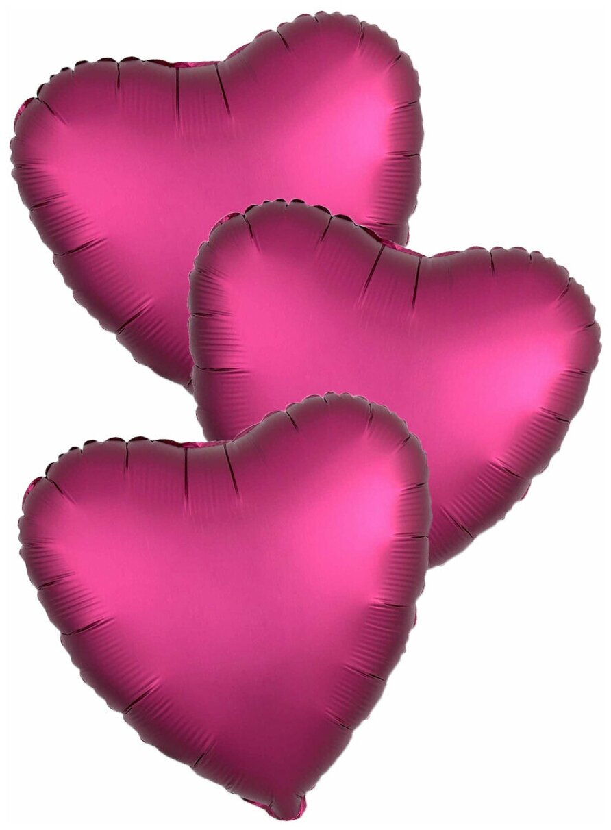 Воздушные шары фольгированные Agura Сердца, Сатин, Гранатовый, 46 см, набор 3 шт