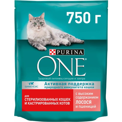 Сухой корм Purina ONE для стерилизованных кошек и кастрированных котов с высоким содержанием лосося и пшеницей, 750г (8 штук)