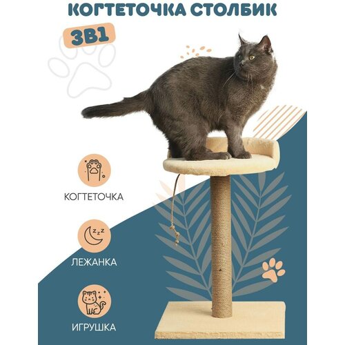 Когтеточка для кошек с лежанкой для взрослых кошек и котят, устойчивая когтеточка-столбик Клампи бежевого цвета для отдыха, сна, затачивания коготков, размеры 40х40х60 см, РТ-00001беж.