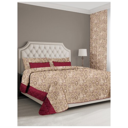 фото Комплект с покрывалом naturel винтаж покрывало 205х240 см + тюль + 2 шторы + 2 наволочки, бордовый/бежевый