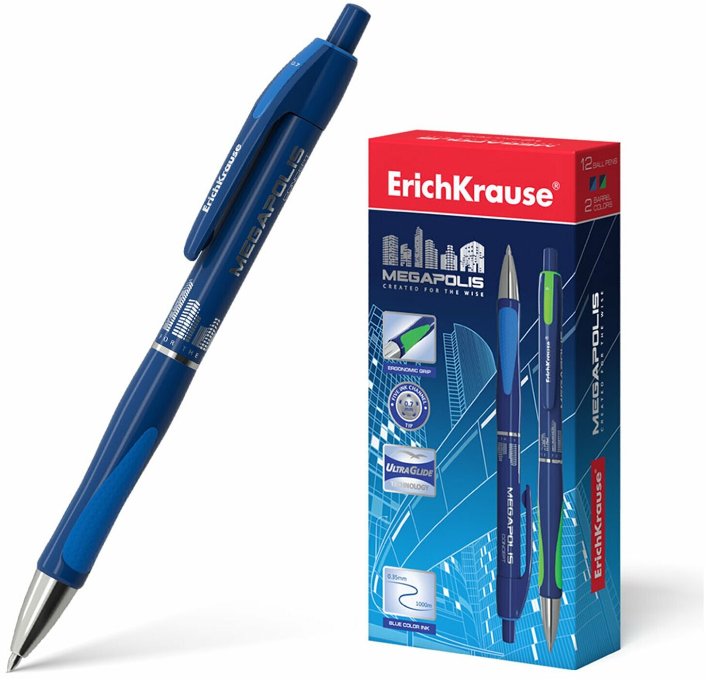 Ручка шариковая автоматическая ERICH KRAUSE "Megapolis Concept", синяя, корпус синий, узел 0,7 мм, линия письма 0,35 мм, 31 3 шт