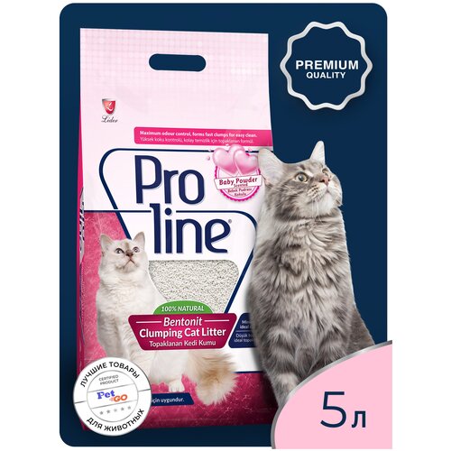Наполнитель Proline для кошачьего туалета бентонитовый, комкующийся, глиняный, без пыли, с ароматом детской присыпки 5 л.