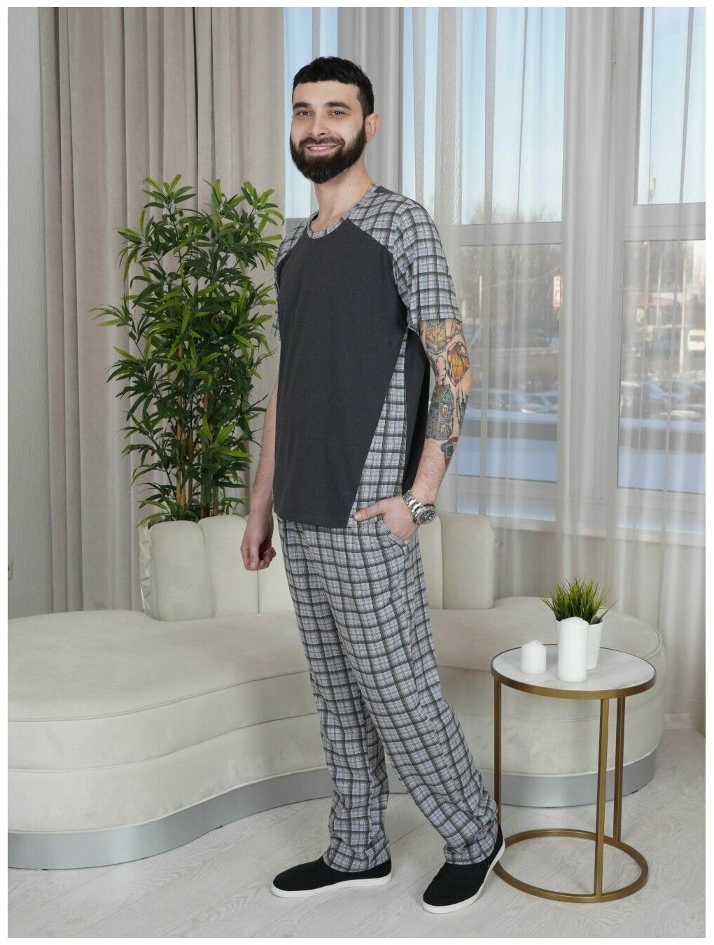 Костюм мужской домашний Like Teks "Алекс" мужская пижама для дома, для сна, трикотаж, хлопок, больших размеров, комплект одежды, футболка, брюки 52 - фотография № 2