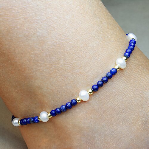 фото Браслет на ногу женский, из лазурита и жемчуга, синий, из натуральных камней. jewelry a vento