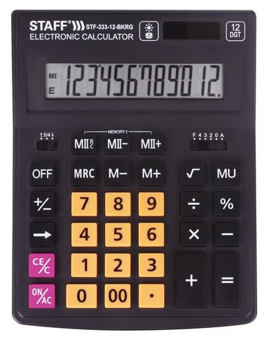 Калькулятор настольный STAFF PLUS STF-333-BKRG (200x154мм) 12 разрядов, черно-оранжевый, 250460