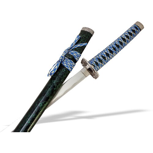 Катана японский меч декоративный с подставкой, ножны зеленый мрамор, цуба серебро