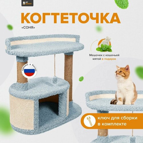 Игровой комплекс для кошек , когтеточка с домиком и лежанкой "Соня" голубой