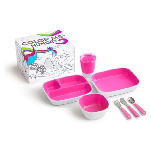фото Набор посуды splash 7 предметов: 3 миски, стаканчик, столовые приборы ц. розовый munchkin