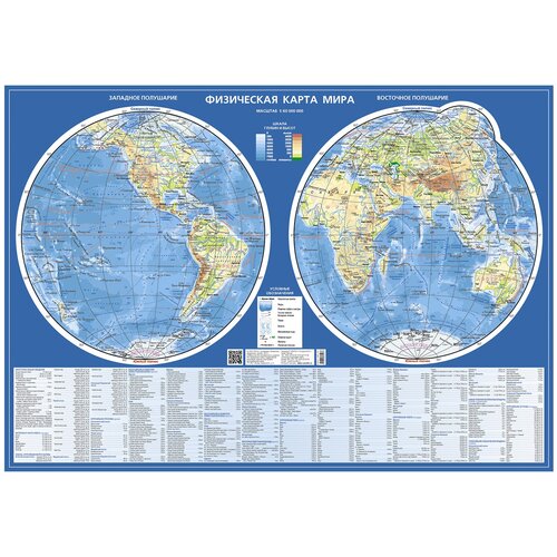 РУЗ Ко Физическая карта мира Карта полушарий Настольная карта (Кр526п), 59 × 41.5 см