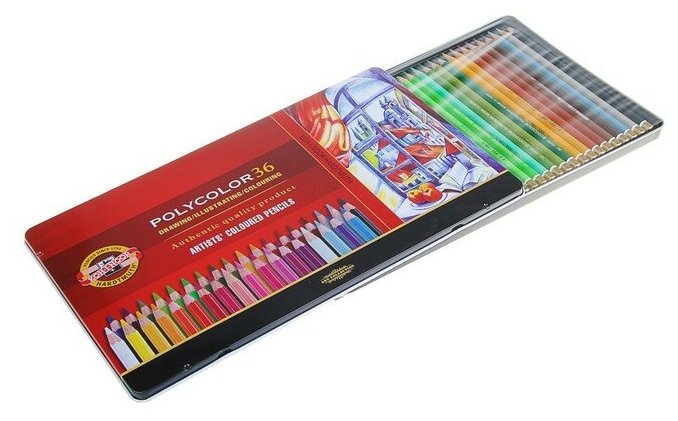 Упаковка карандашей цветных KOH-I-NOOR Polycolor 3825 , шестигранные, 36 цв., точилка/ластик/пенал, пенал-рулон, 36шт - фото №12