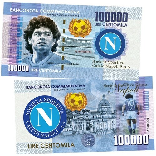 100 000 lire (лиры) — Марадона Диего Армандо. Италия. (Maradona. Napoly. Italy). Памятная банкнота. UNC