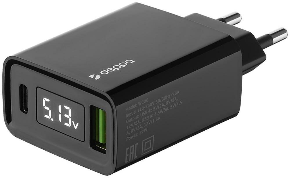 Сетевое зарядное устройство DEPPA USB + USB type-C, 3A, черный - фото №4