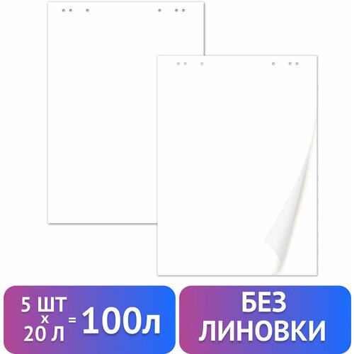 Блокноты для флипчарта BRAUBERG, комплект 5 штук, 20 листов, чистые, 67,5х98 см, 80 г/м2, 124098