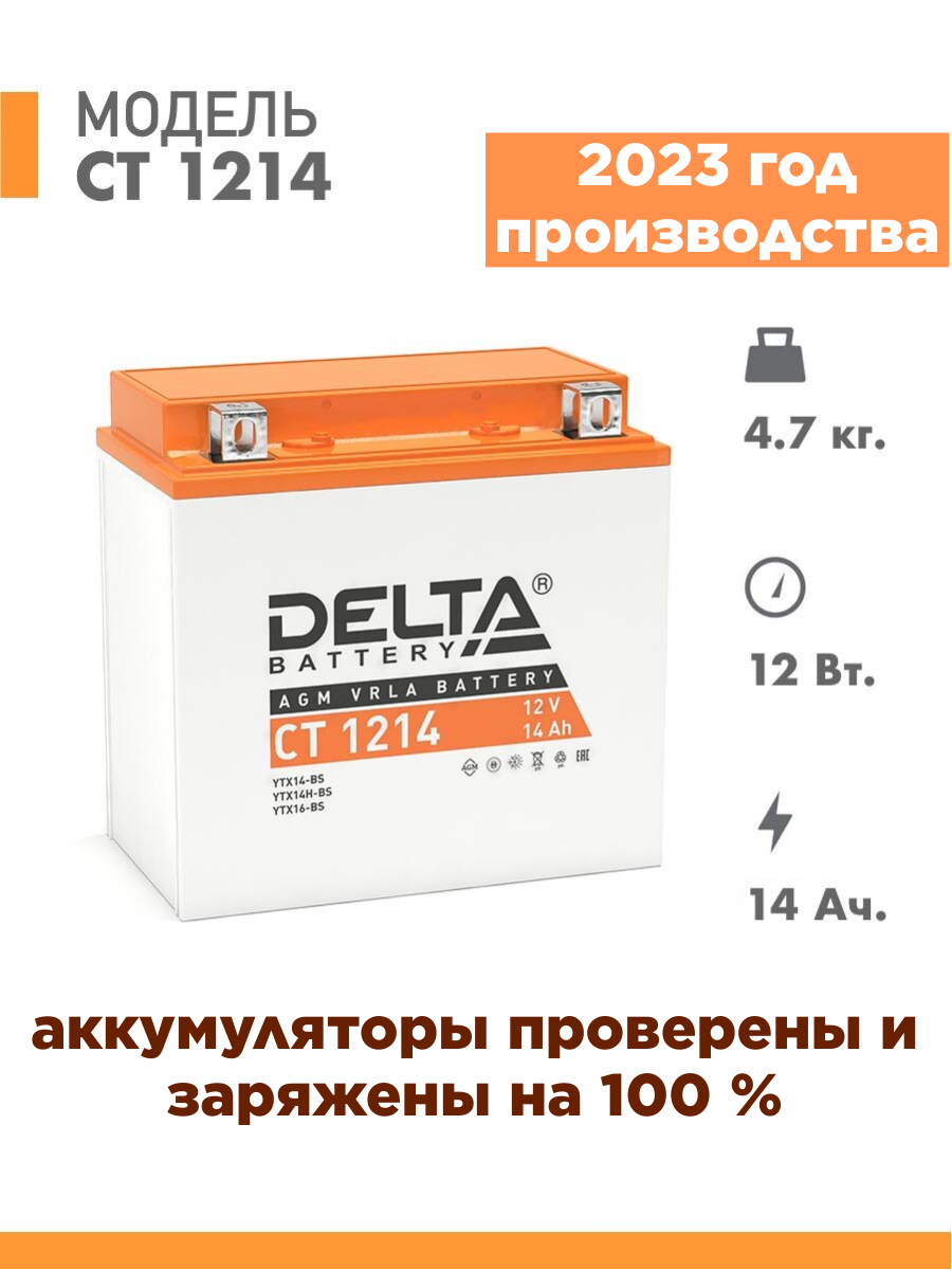 Аккумулятор для мототехники Delta CT 1214 (12V / 14Ah) (YTX14H-BS, YTX16-BS, YB16B-A, YTX14-BS)