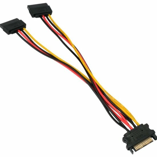 Кабель питания SATA Cablexpert , 15pin(M)/2x15pin(F), метал. скобы, 20см, пакет