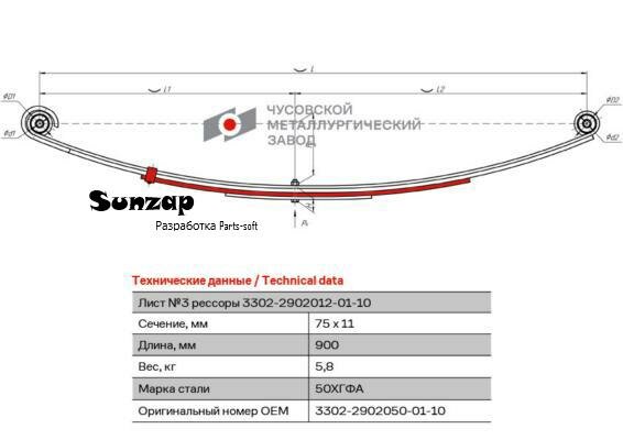 ЧМЗ 3302-2902050-01-10 Лист рессоры ГАЗ-3302 передней №3 с хомутом L=1075мм ЧМЗ