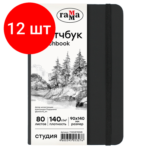 Комплект 12 шт Скетчбук 80л 90140 Гамма Студия черный твердая обложка на резинке белая 140гм2 3283₽