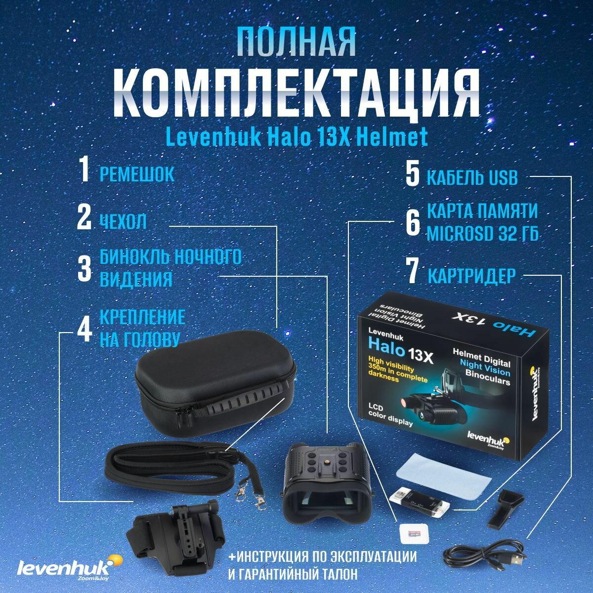 Бинокль цифровой ночного видения Levenhuk Halo 13X Helmet, с креплением на голову - фото №14
