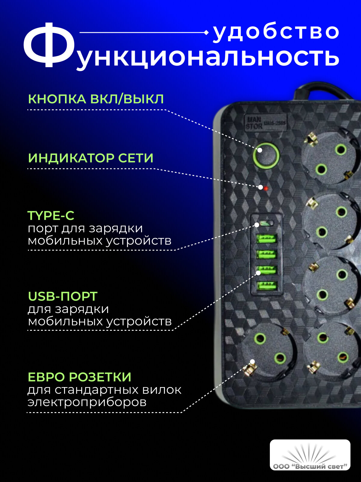 Сетевой фильтр - удлинитель Manstor MNS-2505, 5 розеток, 4 USB, 1 Type-C — фото 1