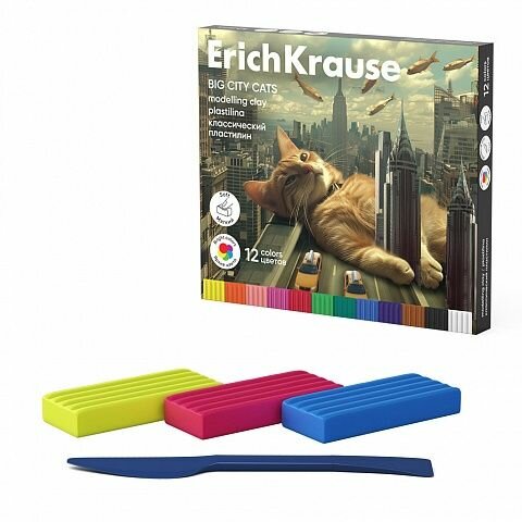 Пластилин Erich Krause "Big City Cats", 12 цветов, 180 г, со стеком (62978)