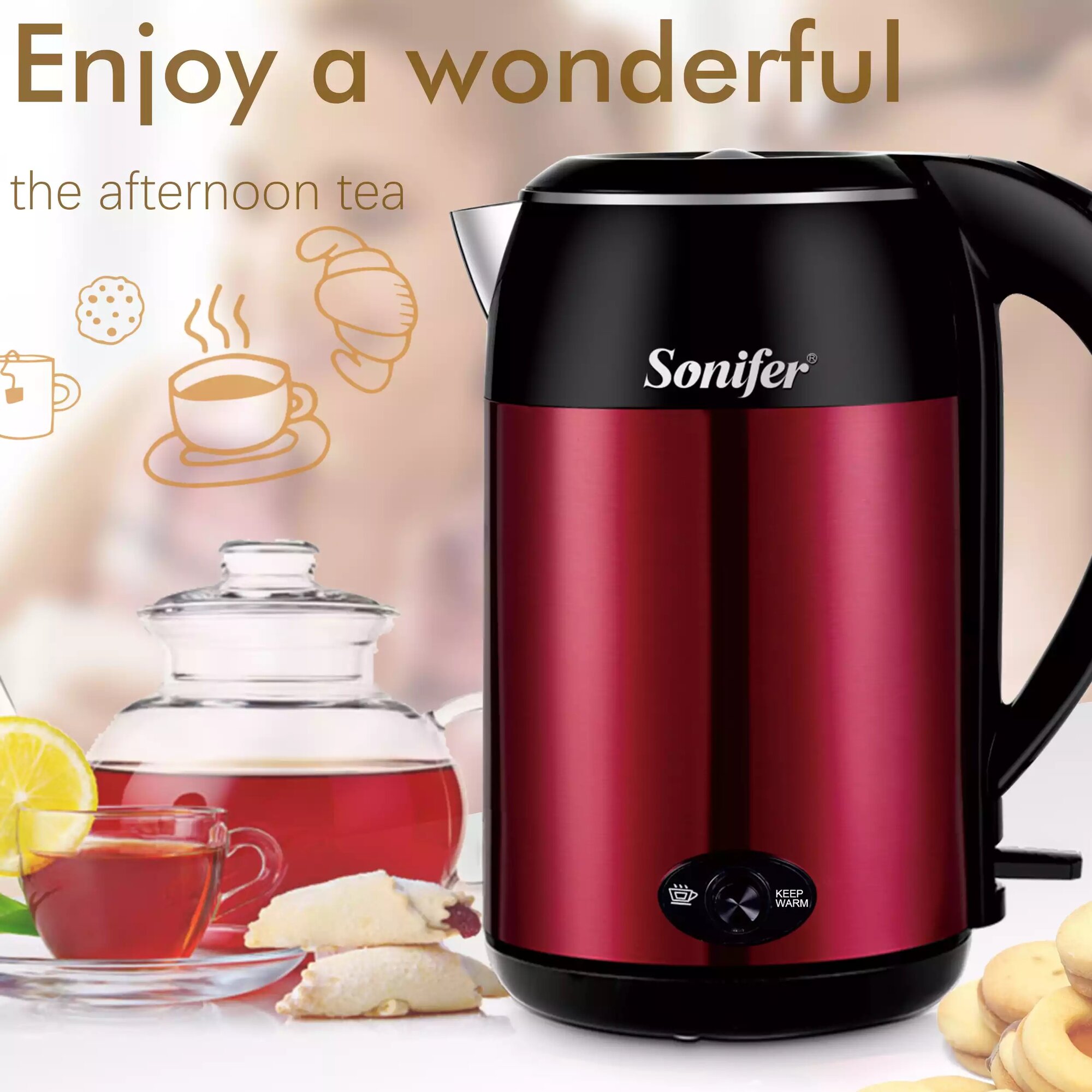 Электрический чайник бытовой SONIFER SF‑2072, объем 1,8 л, мощность 1800 Вт, корпус из нержавеющей стали и пластика — фото 1