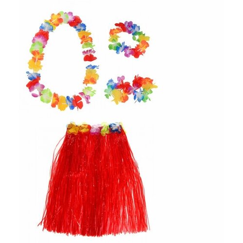 Гавайская юбка красная 60 см, ожерелье лея 96 см, венок, 2 браслета (набор)