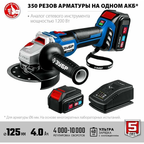 Угловая шлифовальная машина аккумуляторная ЗУБР Профессионал 2 аккумулятора 4Ач Зарядное устройство в сумке 1569000₽
