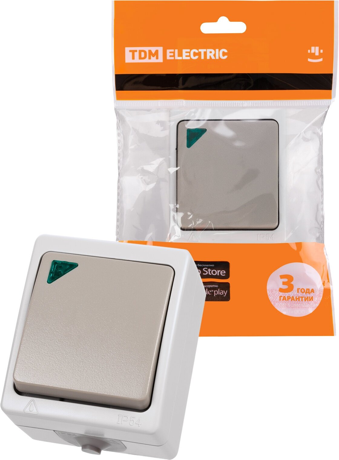 фото Переключатель на 2 направления 1-кл. с подсветкой открытой установки IP54 10А серый "Вуокса" TDM