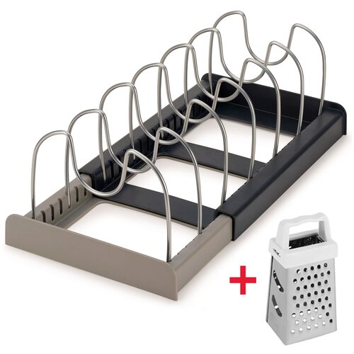 Органайзер для посуды, подставка для крышек 30(56) х 21 х 15 см, черный/серый + мини терка 3.5 х 7.5 см